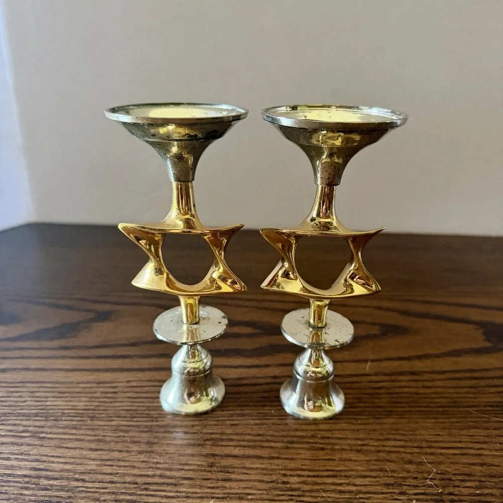Vintage Karshi Hanukkah Candlesticks Shabbat David Star 24K Gold Plated Set Of 2